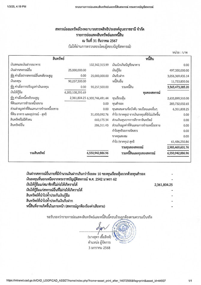 รายการย่อแสดงสินทรัพย์และหนี้สิน ธันวาคม 2567