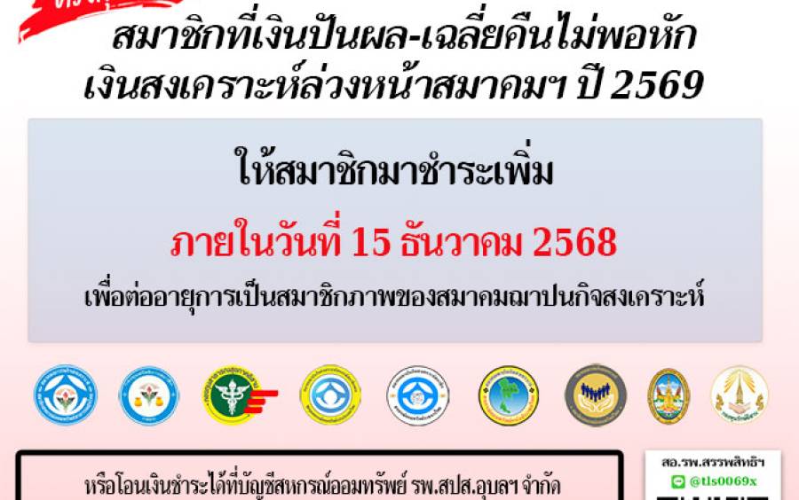 รายชื่อสมาชิกที่เงินปันผล-เฉลี่ยคืนไม่พอหักเงินสงเคราะห์ล่วงหน้าสมาคมฯ, กองทุนฯ ปี 2569 ให้มาชำระภายในวันที่ 15 ธ.ค.68